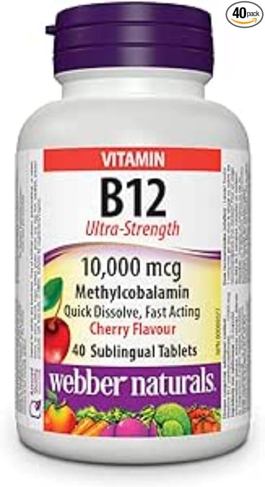 Webber Naturals B12 Ultra-Strength 10,000 mcg ·, Cherry Flavour, 40 Sublingual Tablets