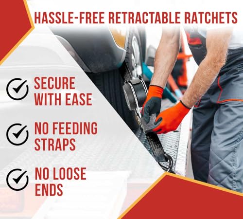 Mytee Products 4 Auto Retract NO-RATCHETING Ratchet Straps | 1" x 12' Retractable Ratchet Straps with Coated S Hook Tiedow...