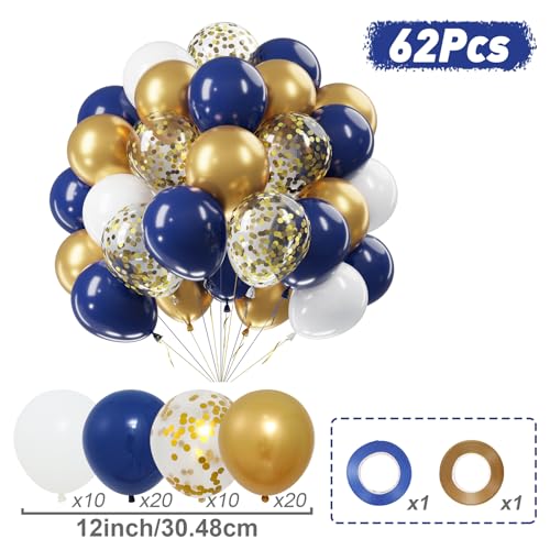 Netnology Navy Blue Gold Balloons Set, 60Pcs 12 Inch Navy Blue White Metallic Gold and Gold Confetti Latex Balloon for Bir...