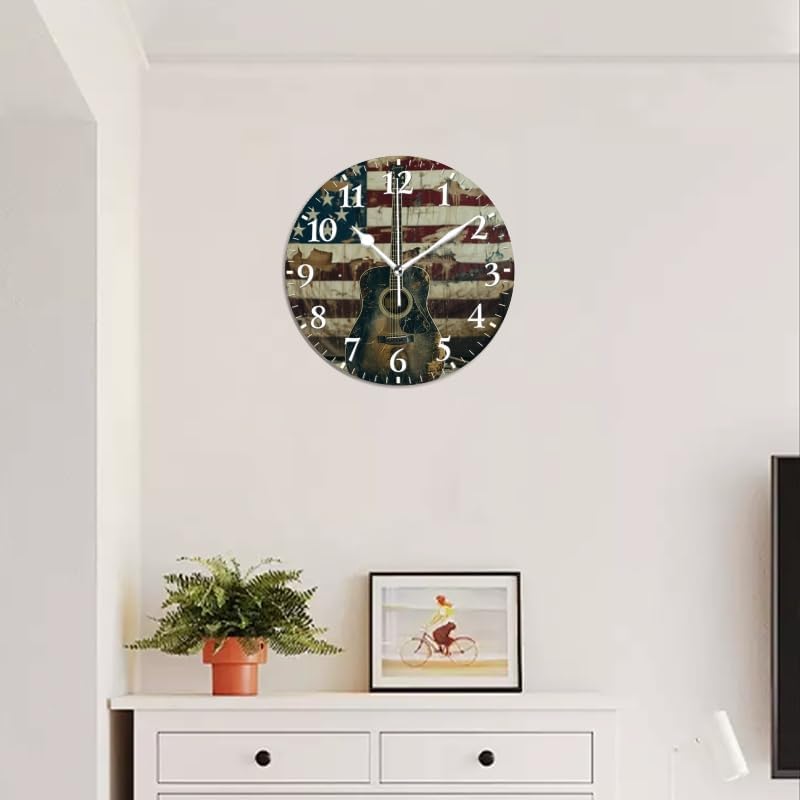 Guitar Wall Clock Non-Ticking Silent Clocks Battery Operated Analog Decor Clock for Home-Acoustic Guitar Leaning Against Old American Flag(16inch)