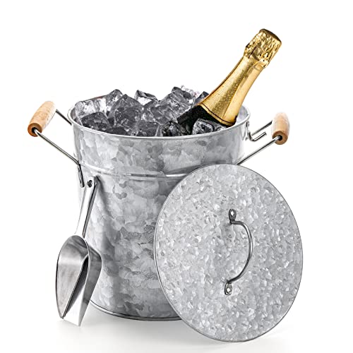 Frcctre Farmhouse 4 Liter Ice Bucket with Lid, Galvanized Metal Beverage Tub with Scoop and Handles, Drink and Wine Chille...