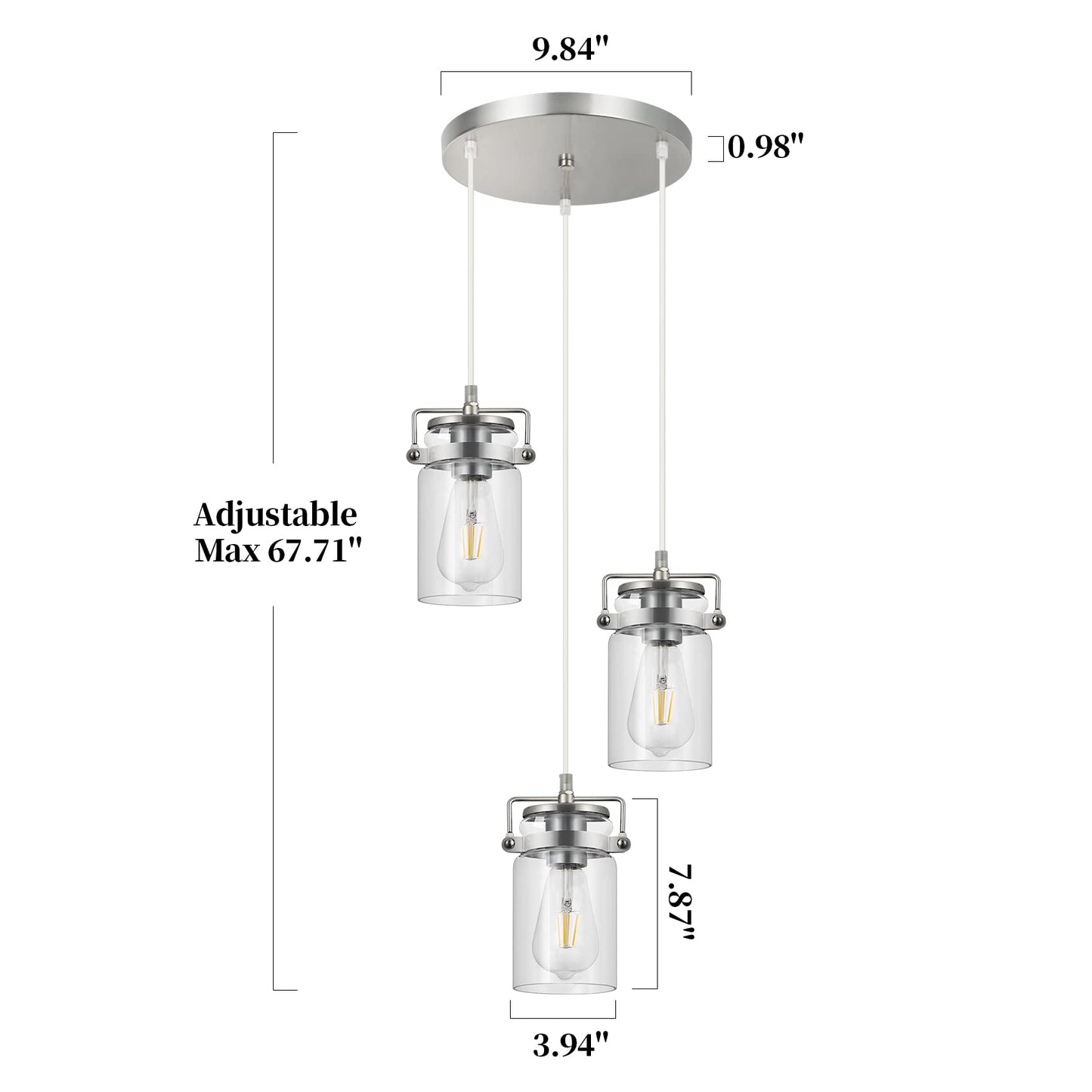 Pendant Lighting For Kitchen Island  Modern Glass Pendant Light Linear Chandelier For Dining Room Industrial 3 Light Hanging Light Fixture Adjustable Cord Farmhouse Ceiling Light Brushed Nickel Finish