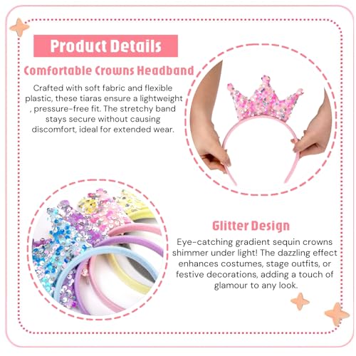 Acshio 12 Pack Princess Crown Headband, Glitter Sequin Crown Headband, Shiny Tiaras and Crowns Hair Accessories for Birthd...