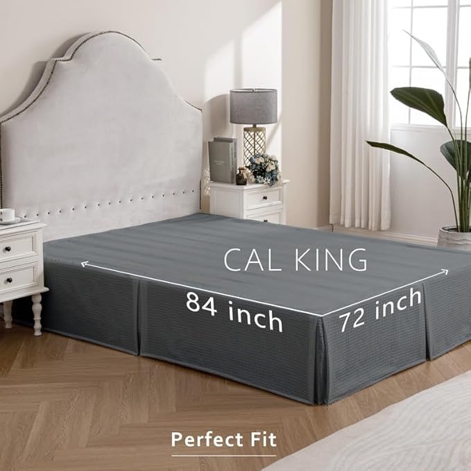 MIYE Pleated Waffle Weave Bed Skirt, Tailored Dust Ruffle 18 Inch Drop Easy Fit, Machine Washable (Dark Grey,Cal King - 18" Drop)