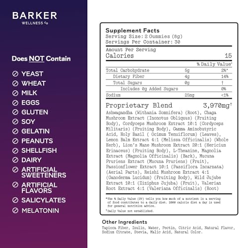 Barker Wellness Nighttime Vegan Sugar-Free Adaptogen Mushroom Gummies – Reishi, Lion's Mane, Chaga, Cordyceps for Calm, Re...