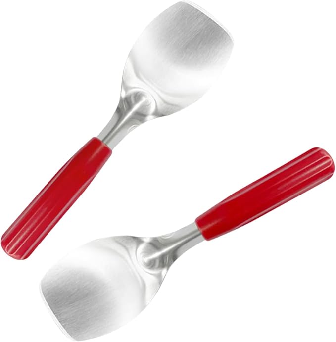 2Pack Durable Ice Cream Spade Scoop with Easy Dig Sharp Edge for Hard Ice cream, Stainless Steel Flat Ice Cream Paddle with Non-Slip Grip Handle,Red