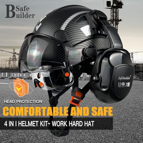 SAFEBUILDER Industrial Safety Helmet with Visor Ear Muffs Hard Hat with Visor Vented Hardhats Construction Work Head Prote...