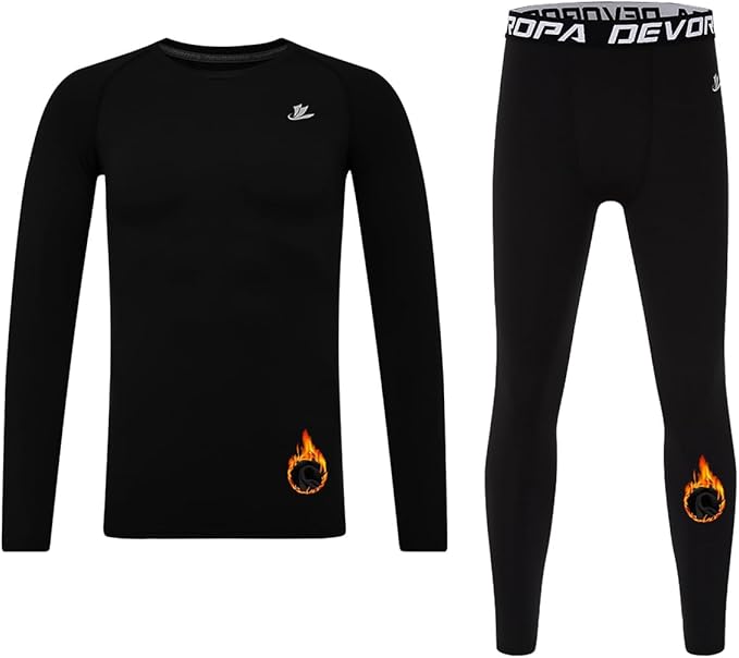 DEVOROPA Youth Boys Fleece Lined Compression Shirts & Pants Kids Girls Thermal Underwear Set Athletic Tops Leggings Baselayer