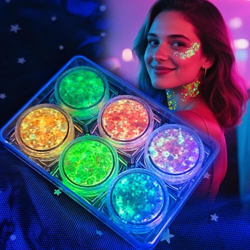 MiraWish 6 Colors Glow Body Glitter Gel, Glow in The Dark Hair Face Glitter Gel, Rave Accessories for Festivals Carnival U...