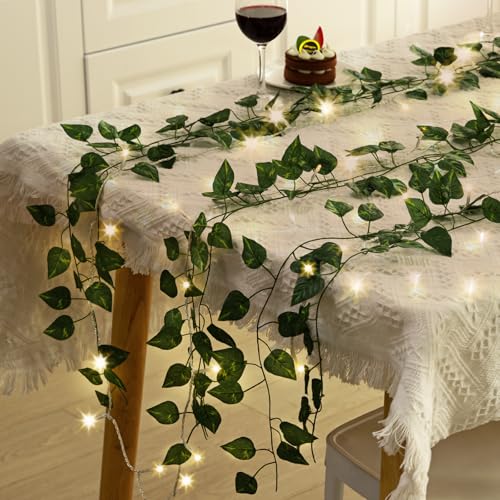 CEWOR 14 Pack 98ft Fake Ivy Vines, Artificial Ivy Garland with 100 LED String Lights, Hanging Plants Greenery Backdrop Gre...