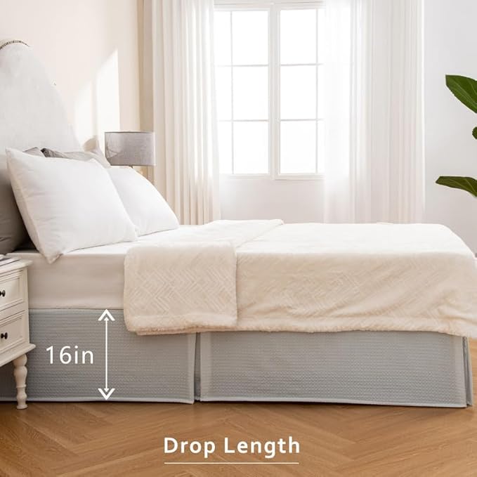 MIYE Pleated Waffle Weave Bed Skirt, Tailored Dust Ruffle 16 Inch Drop Easy Fit, Machine Washable (Light Grey, King - 16" Drop)