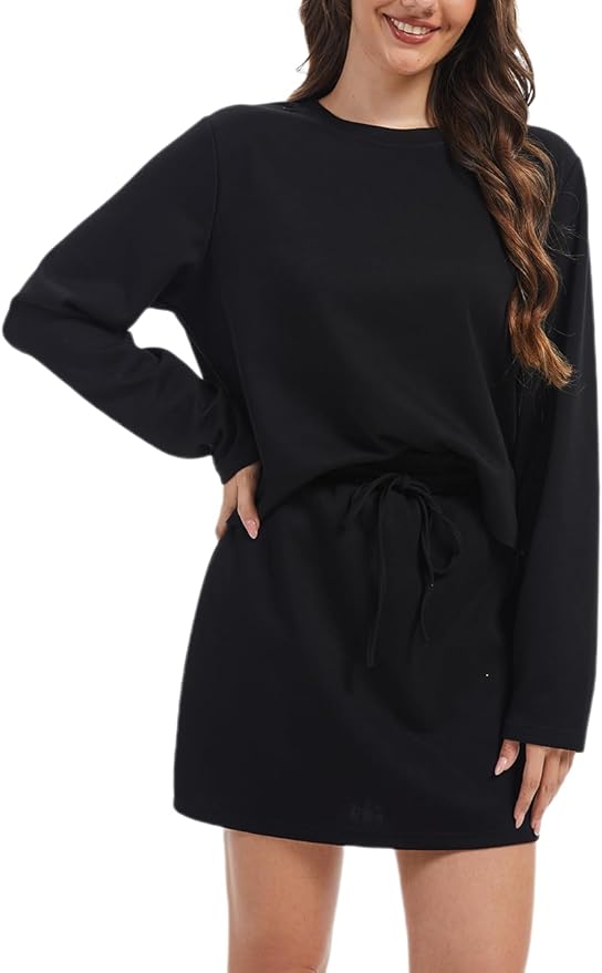 yeyiruru Two Piece Skirt Set for Women Summer Tennis Skirt Crew Neck Long Sleeve Athletic Sport Skort Set