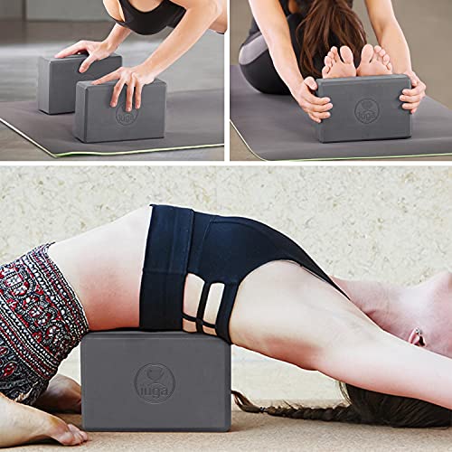 IUGA Yoga Blocks 2 Pack With Strap Non Slip High Density 9"x6"x3" Solid & Cork Yoga Block With Yoga Strap to Improve Stren...