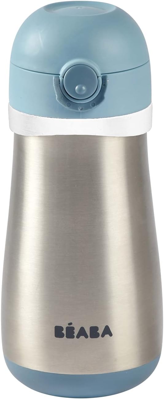 BEABA Kids Stainless Steel Insulated Water Bottle, Kids Water Bottle, Toddler Insulated with Spill Proof Spout and Close Top, Perfect for Travel, (Rain)