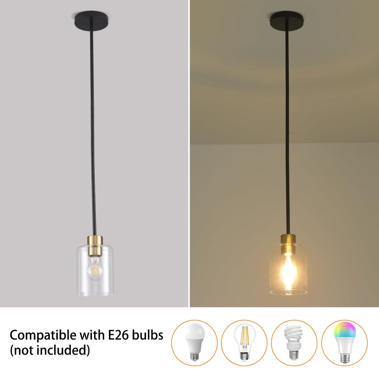 KLSS Black Brass Pendant Lights 3 Pack - Clear Glass Fixture with 12 Inch & 4 Inch Rods, Model HJBLDD3P001