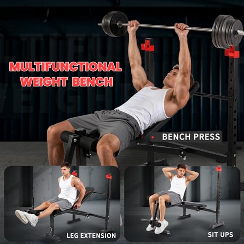 MAIDOMA 1500LBS 8 in 1 Weight Bench Set with Leg Extension/Curl and Preacher Curl, Bench Press Set and Barbell Rack with S...