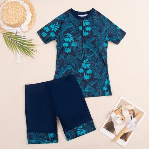 Women Two Piece Rash Guard Short Sleeve Swim Shirt with Shorts Swimsuits Zipper Surfing Bathing Suit Swimwear Set