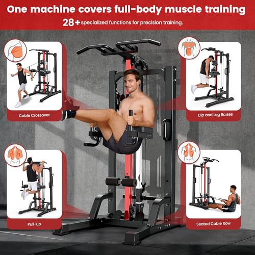 Pull Up Bar Power Tower Dip Station,Cable Machine-Integrated 450LBS Multi-Function Adjustable Height Fitness Strength Trai...