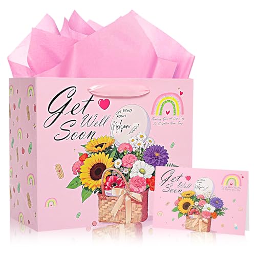 NIUBEHOHO Get Well Soon Gift Bag - Large Pink Flowers Gift Bag for Women Men with Wrapping Tissue Paper Self Care Card Aft...
