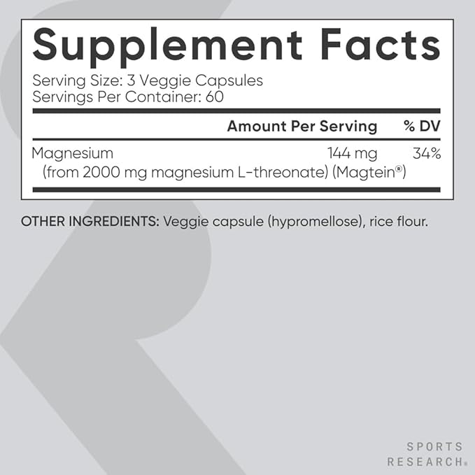 Sports Research Magtein Magnesium L-Threonate Capsules - Magnesium Supplement for Memory, Focus & Cognition - Magnesium L Threonate Supports Brain Health, Sleep & Mood- 2000mg, 180 Capsules for Adults