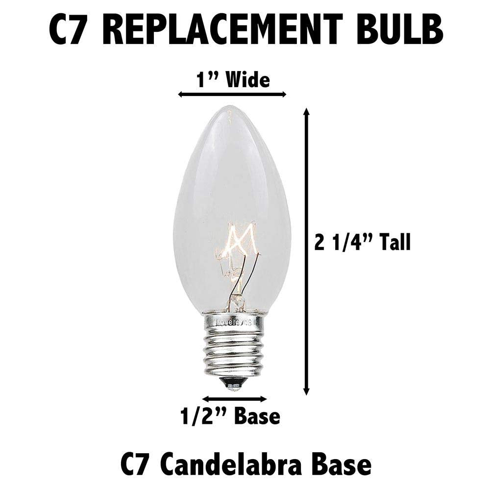 Novelty Lights Christmas Replacement Bulbs - C7/E12, 5 Watt, Yellow, 25 Pack, Glass, Outdoor Use for Events and Holiday Parties