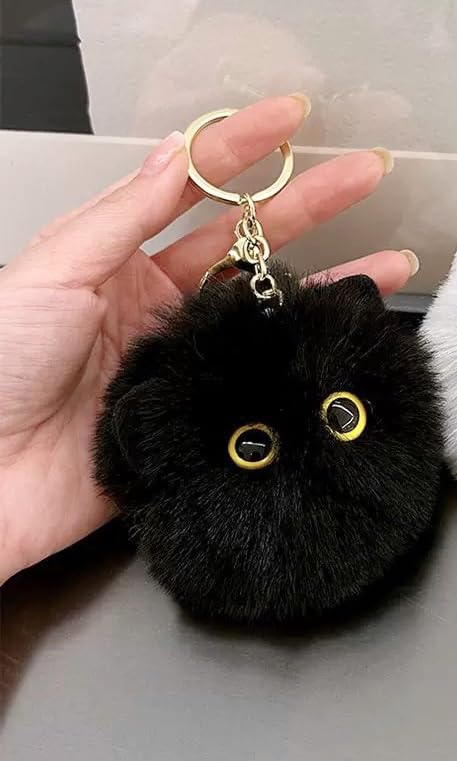 TVRTFQ Cute Cat Head Plush Keychains Black Cat Pom Pom Keychain Creative Animal Car Keychain Mini Cartoon Kawaii Backpack Pendant Birthday Fashion Gift for Women (1, Black)