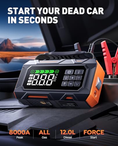 Portable Jump Starter with Air Compressor 8000A 160PSI, 16-in-1 Car Battery Jump Starter with Emergency Kit, Auto-Shutoff ...