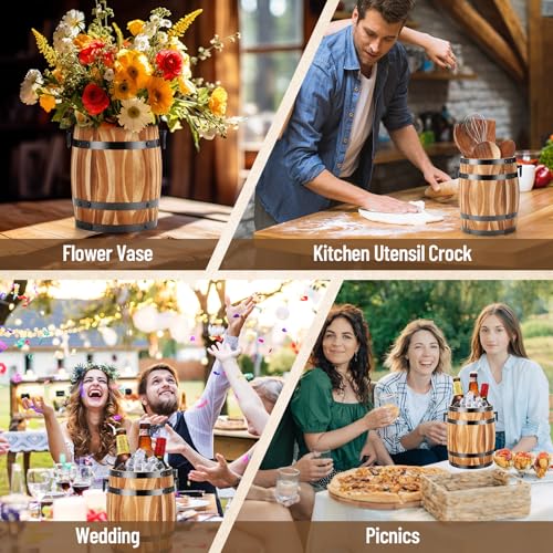 Honeydak Ice Bucket Wooden Barrel with Lid 1.5l Stainless Steel Interior Food Container with Handles for Cocktail Bar Part...