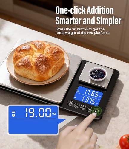 Digital Dual Platform Kitchen Scale, 33 lb Large & 1.1 lb Mini Food Scale with Dual-Line LCD Display, Stainless Steel, Hig...