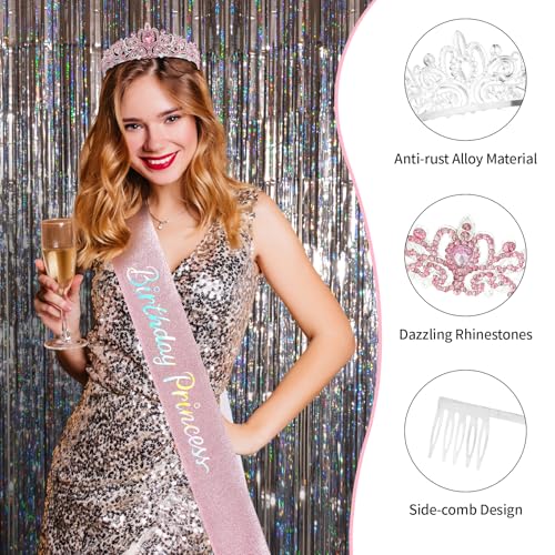 UlZDVUli Birthday Princess Crown, Birthday Princess Headband Tiara Sash Accessories Set for Women, Pink Crown Sash Decorat...