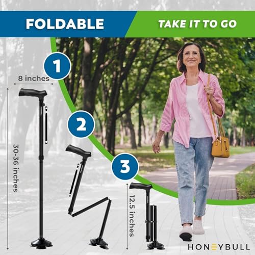HONEYBULL Walking Cane for Men & Women Foldable, Adjustable, Heavy Duty, Free Standing, All Terrain, Collapsible Walking S...