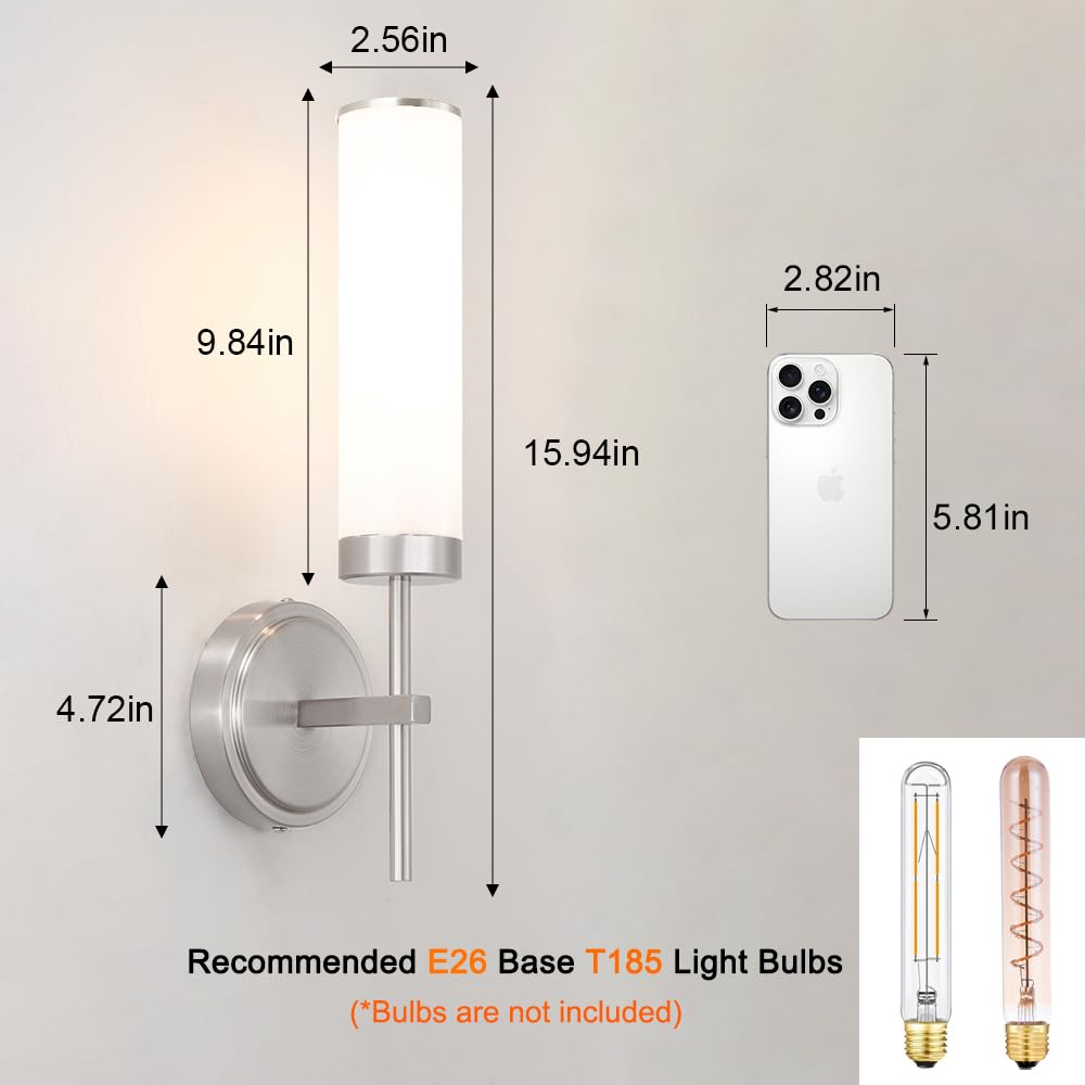 Brushed Nickel Wall Sconces Set Of 2  Modern Bathroom Sconces Wall Lighting With Opal White Glass  Vanity Light Fixtures For Bathroom  Wall Mount Lights For Living Room Bedroom Hallway  Hardwired