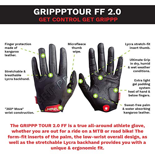 HIRZL Grippp Tour FF 2.0 Leather Bike Gloves, Black, Full Finger, Breathable, Foam Padded, Anti-Slip, Sweat and Water Resi...