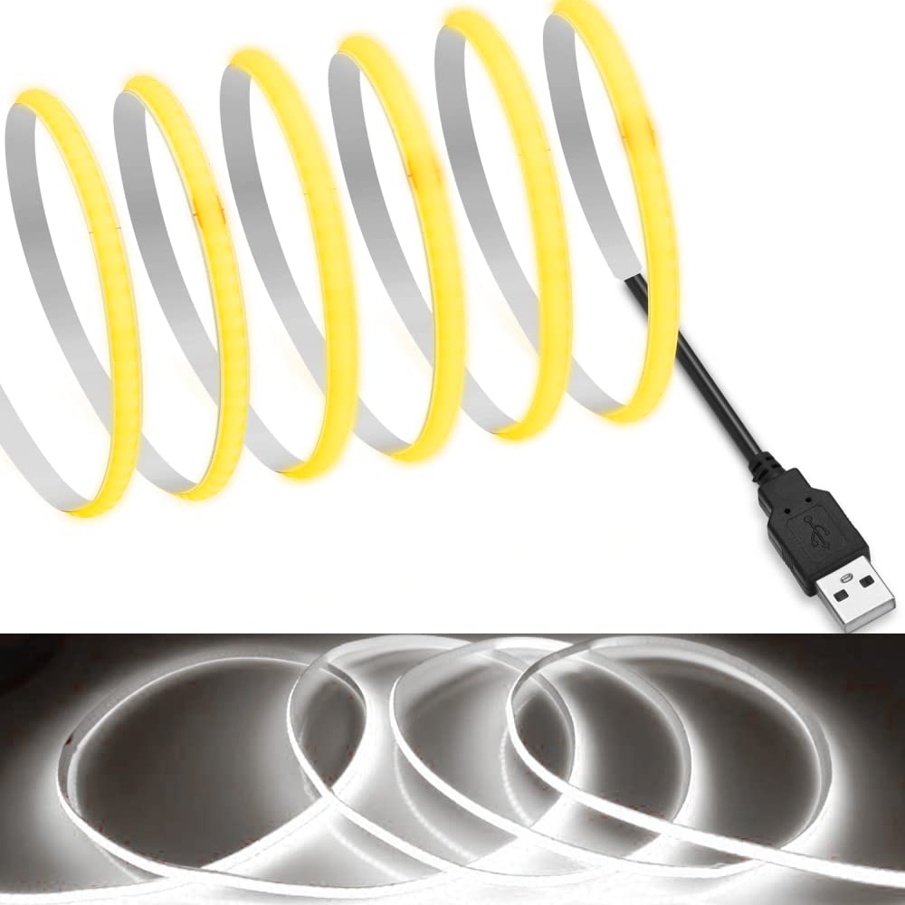 Mdee?Usb Cob Tape Light Led Strip.13.12Ft/4M- Flexible 5Mm Hidden Dc 5V Led Tape With 320 Leds/M For White (6000K) Lighting. Cuttable  Shapeable  Usb Powered. Ideal For Kitchen