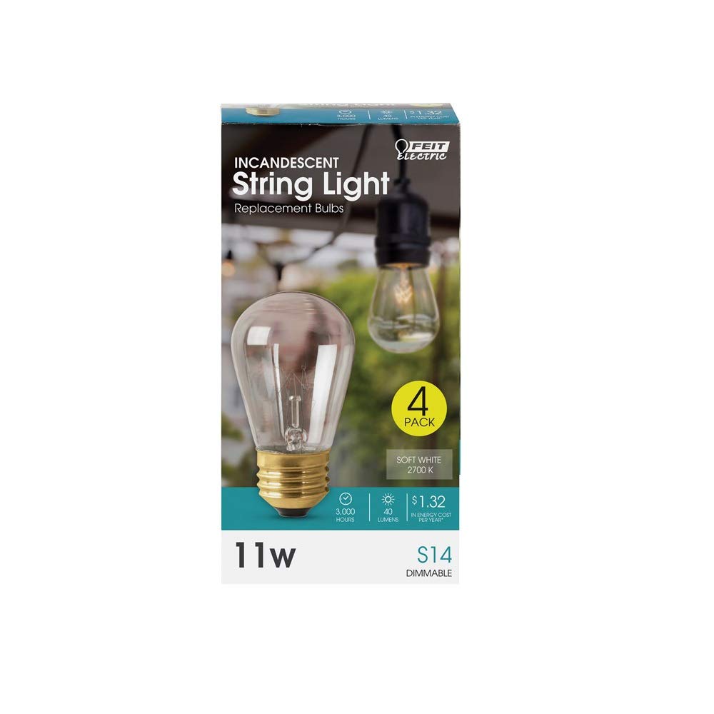 Feit Electric 11W S14 Incandescent String Light Bulb Replacement, 4 Pack, 2700K, Clear Glass, 40 Lumen