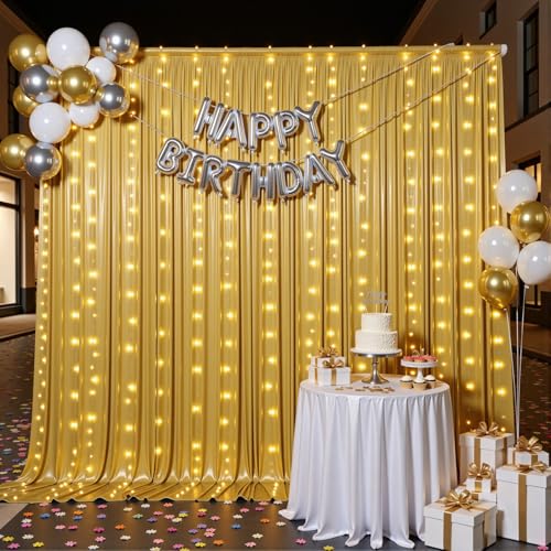Outpain 10x10ft Gold Sequin Backdrop Curtains with Light -Lighted Up Gold Photo Backdrops with Non-Shedding Glitter, Wrink...