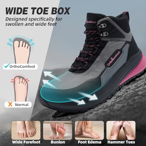 Women's Orthopedic Wide Waterproof Hiking Boots: Comfortable Plantar Fasciitis Diabetic Walking Running Trekking Shoes, Or...