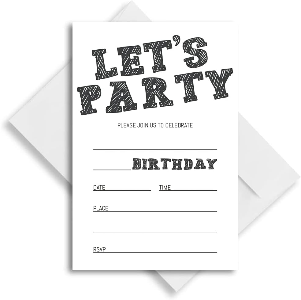 Simple Black and White Birthday Invitations, Birthday Invitations for Boys Teens Kids Girls, Birthday Invitations, Birthday Party Invitations. (Let's Party(020))