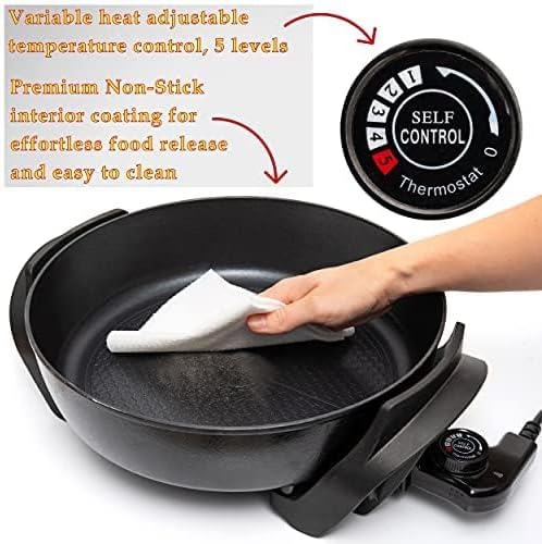 Moss & Stone Round Electric Skillet with Lid – 12x12 Inch Aluminum Nonstick Electric Frying Pan 5Qt, Adjustable Temperature Control, Vented Glass Lid, Dishwasher Safe, Heat-Resistant Handles