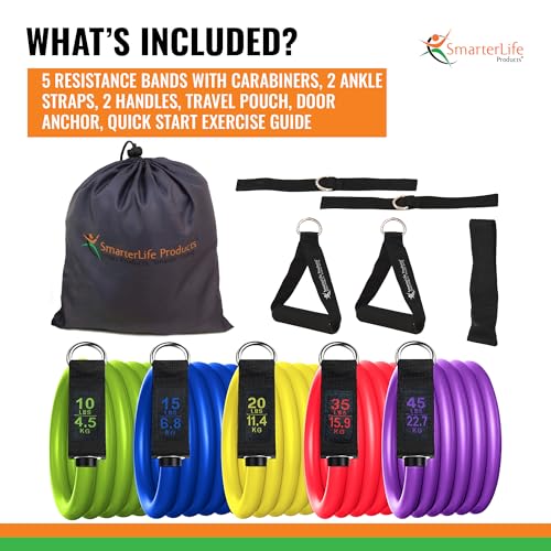 SmarterLife Resistance Bands with Handles, Physical Therapy Strap, Exercise Band to Tone Arms, Legs, Chest, Booty - 5 Exer...