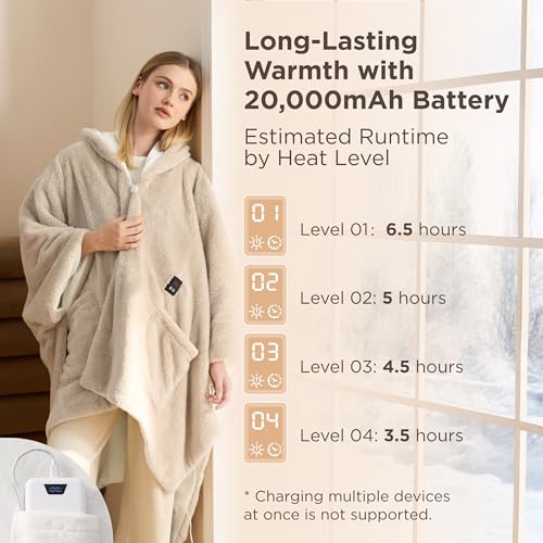 Bedsure Cordless Wearable Heated Blanket - Fluffy Electric Blanket Hoodie with 20000mAh Battery Pack, Portable USB Heated ...