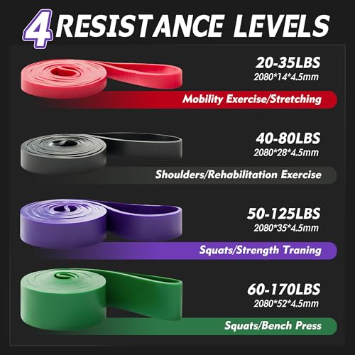 4-Level Resistance Bands Set for Pull Up Assistance, Home Gym - Elastic Silicone Exercise Bands for Physical Therapy, Stre...