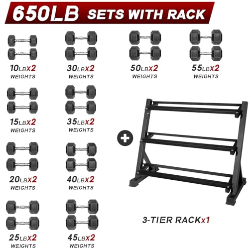 Ritfit 5-650 LBS PVC Encased Hex Dumbbell Sets with Optional Rack for Home Gym, Hand weight with Chrome Handle for Strengt...