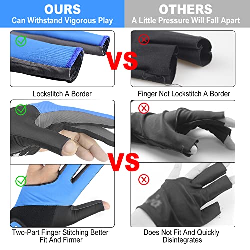 YFY Billiard Pool Gloves for Left Hand 3 Finger, Splicing Process, Snooker Cue Sport Glove Popular Sizes for Men & Women