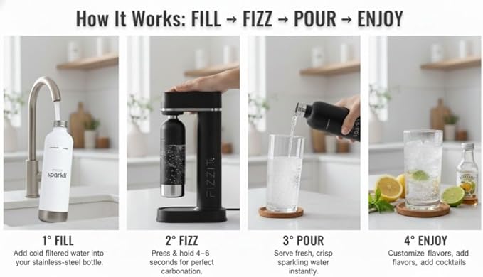 Fizzit Spärklï Carbonated Water Soda Maker with Stainless Steel Bottle Included,Dishwasher Safe (Sparkli-Black)