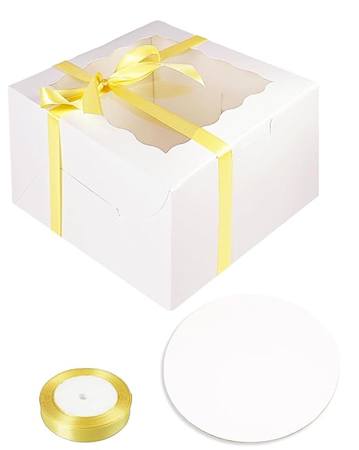 qiqee 8x8x5 Cake Box, 18 Sets White Cake Box with Window ＆ 18 Sets 8" White Cake Round Boards, 8inch Cake Containers, 10 Meters Gold Silk Ribbon
