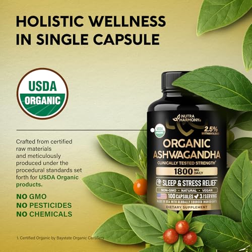 Ashwagandha Supplements 1800mg - USDA Organic Ashwagandha for Women & Men - Clinically Effective Strength for Stress Relie...