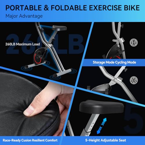 Foldable Exercise Bike for Small Apartments, Stationary Bikes for Home, Indoor Portable Cycling Bike with 16-Level Magneti...