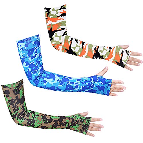 Bacophy 3 Pairs Arm Sleeves with Thumb Holes Women Men UV Protection Cooling, UPF 50 Compression Long Arm Cover