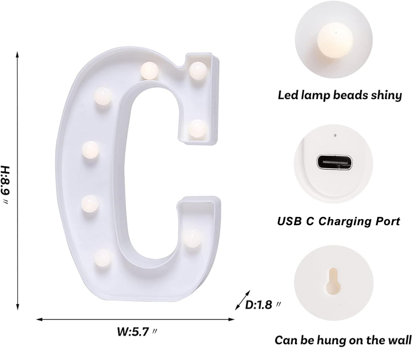 Foaky Rechargeable Led Letter Lights Sign Marquee Light Up Letters Sign For Night Light Wedding/Birthday Party Christmas Lamp Home Bar Decoration (C)